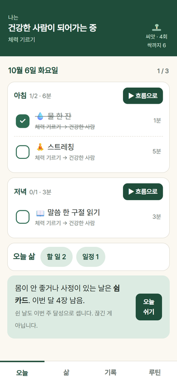 오늘 화면: 위쪽에 「나는 건강한 사람이 되어가는 중」, 아침·저녁 루틴 묶음과 체크 상자