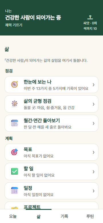 삶 화면: 점검·계획·돈·몸·마음·관계·신앙·배움과 취미·생활 묶음에 스물일곱 칸